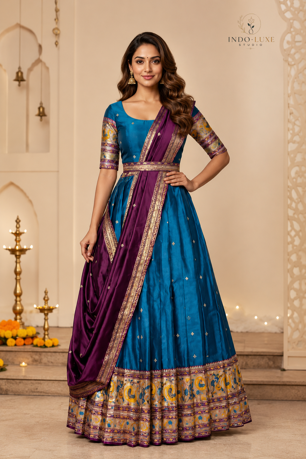 Banarasi Zari Border Lehenga Set with Contrast Dupatta