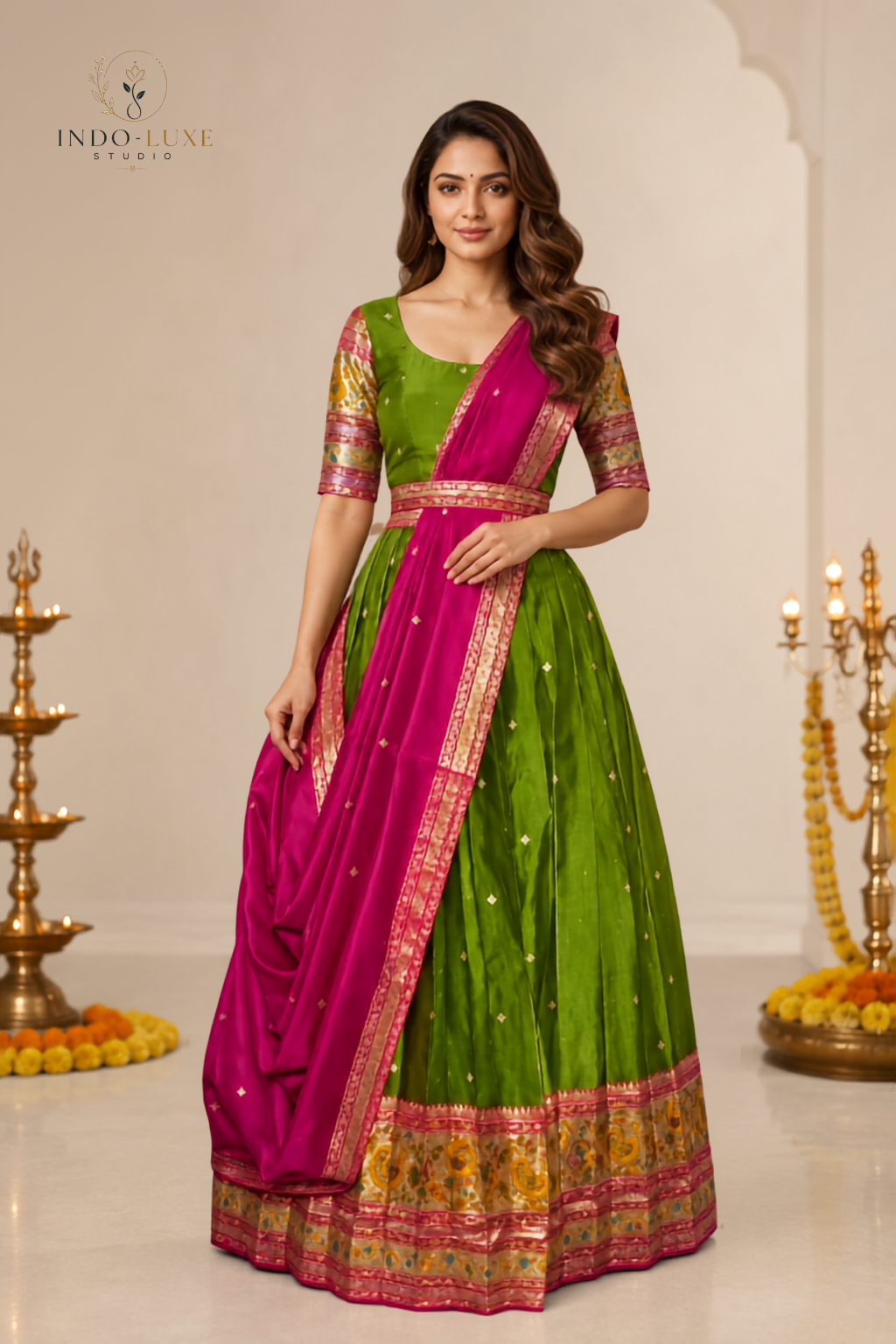 Banarasi Zari Border Lehenga Set with Contrast Dupatta