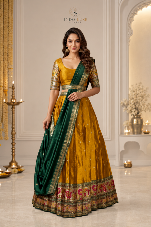 Banarasi Zari Border Lehenga Set with Contrast Dupatta