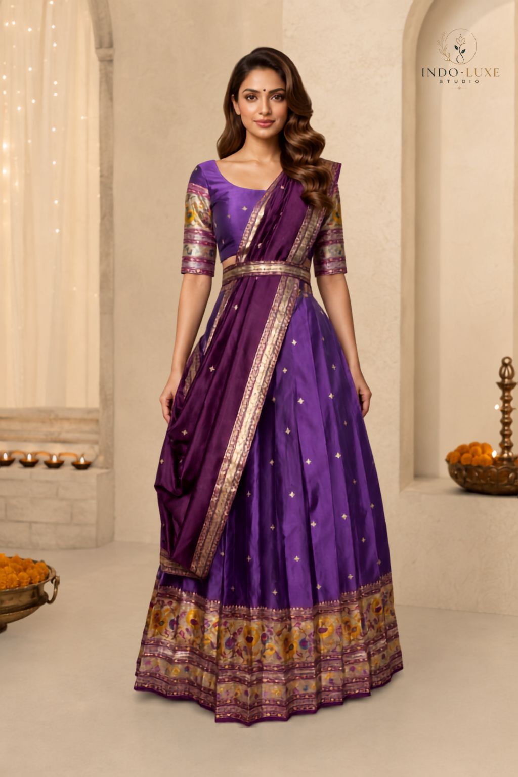 Banarasi Zari Border Lehenga Set with Contrast Dupatta