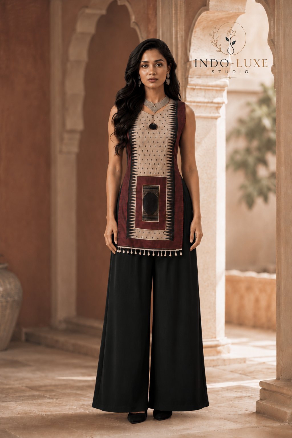 Ajrakh Geometric Print Cord Set with Tassel Hem & Black Palazzo