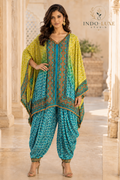 Teal and Lime Ikat Kaftan Set with Geometric Panel and Dhoti Pants