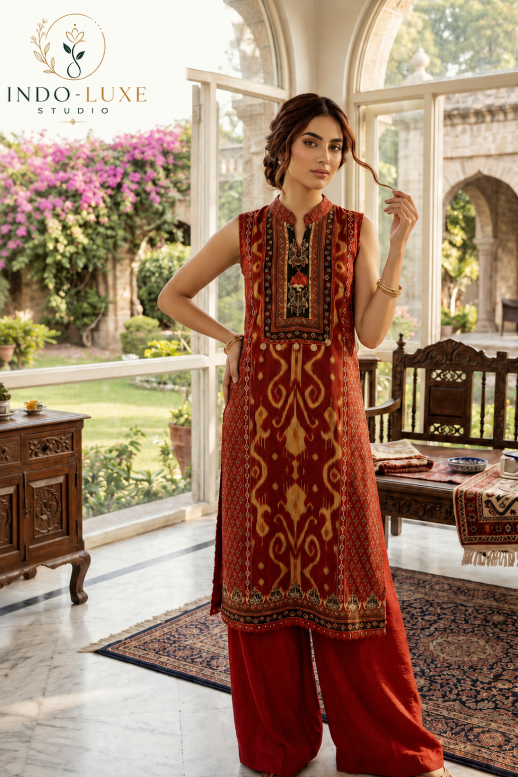 Brick Red Ikat Weave Cord Set with Embroidered Yoke