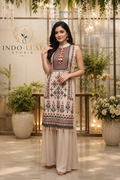 Off-White Folk Print Cord Set with Tassel Hem & Beige Palazzo