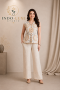 Ivory Floral Embroidered Vest Coord Set with Wide Leg Pants