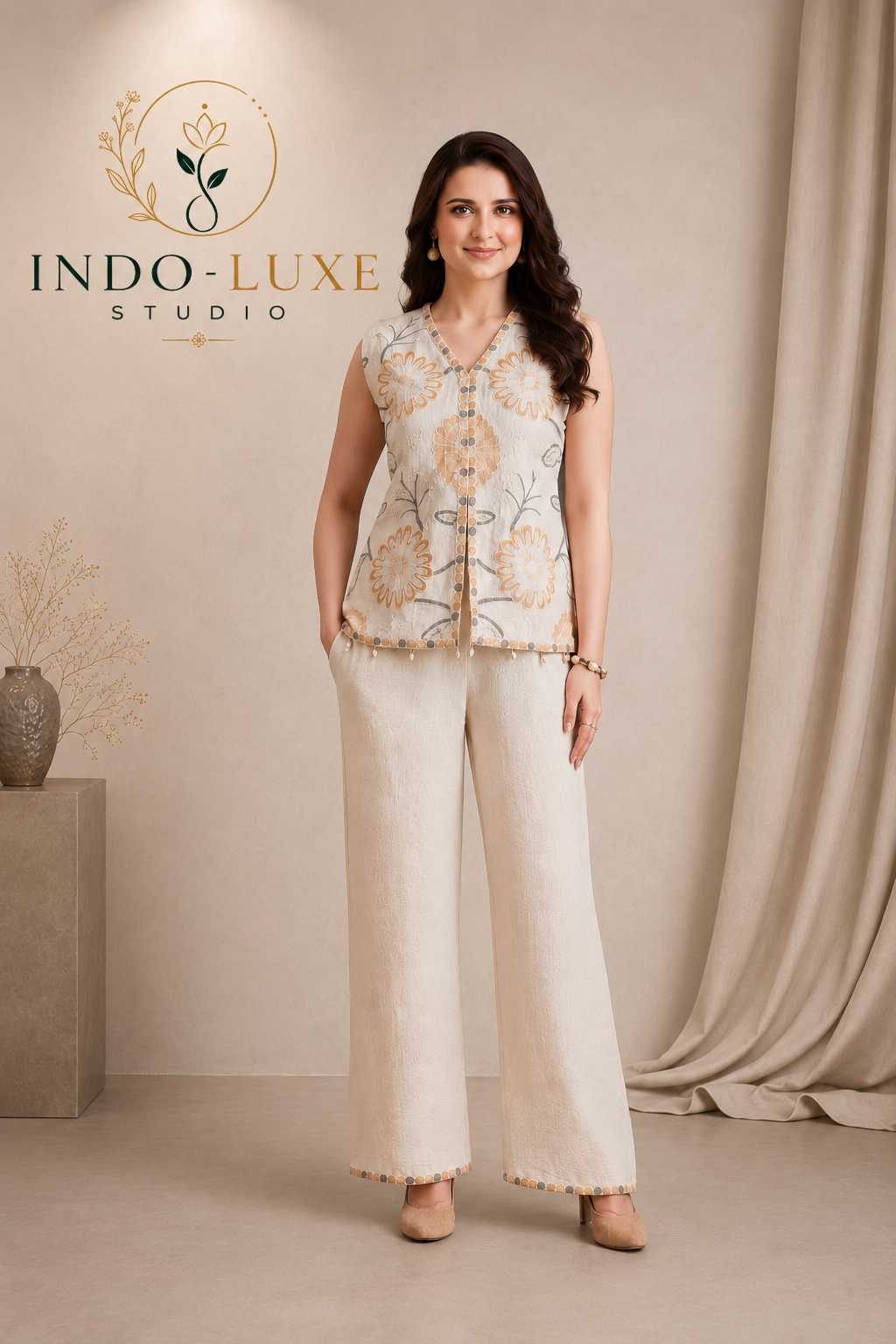 Ivory Floral Embroidered Vest Coord Set with Wide Leg Pants
