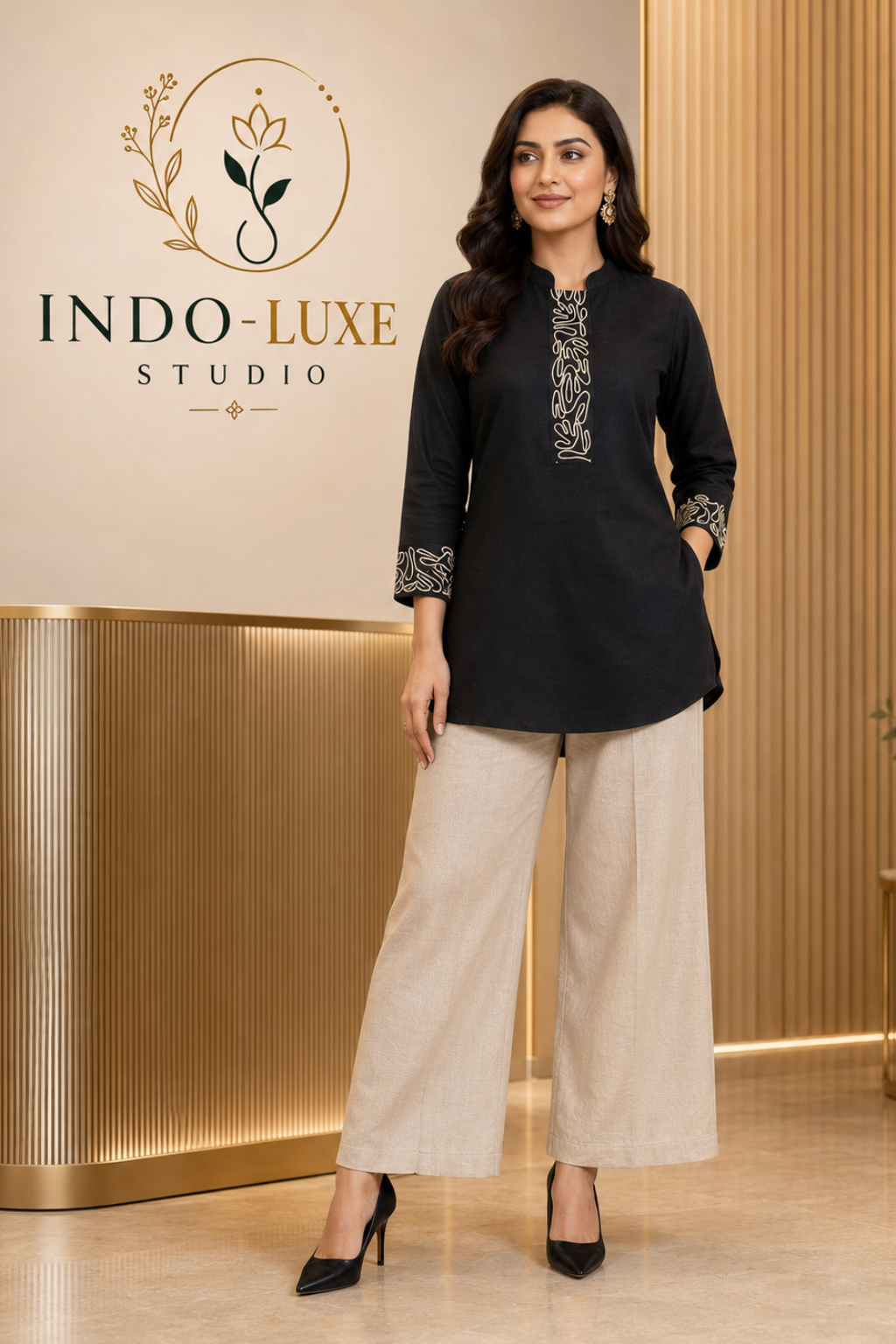 Black Tunic Cord Set with White Abstract Embroidery & Ivory Palazzo