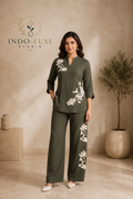 Olive Green Floral Embroidered Cord Set with Wide-Leg Pants