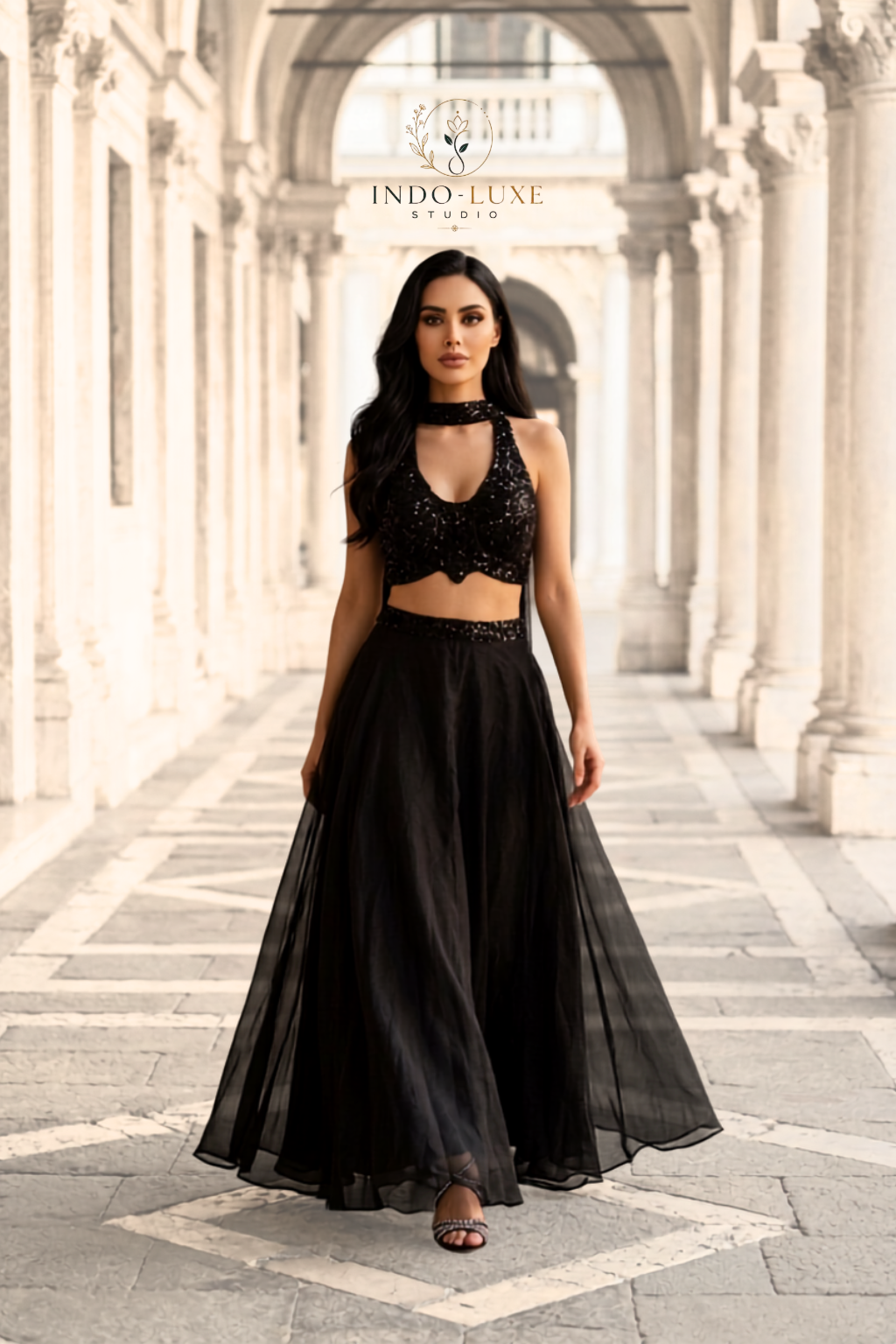 Midnight Black Organza Lehenga with Sequin Halter Choli