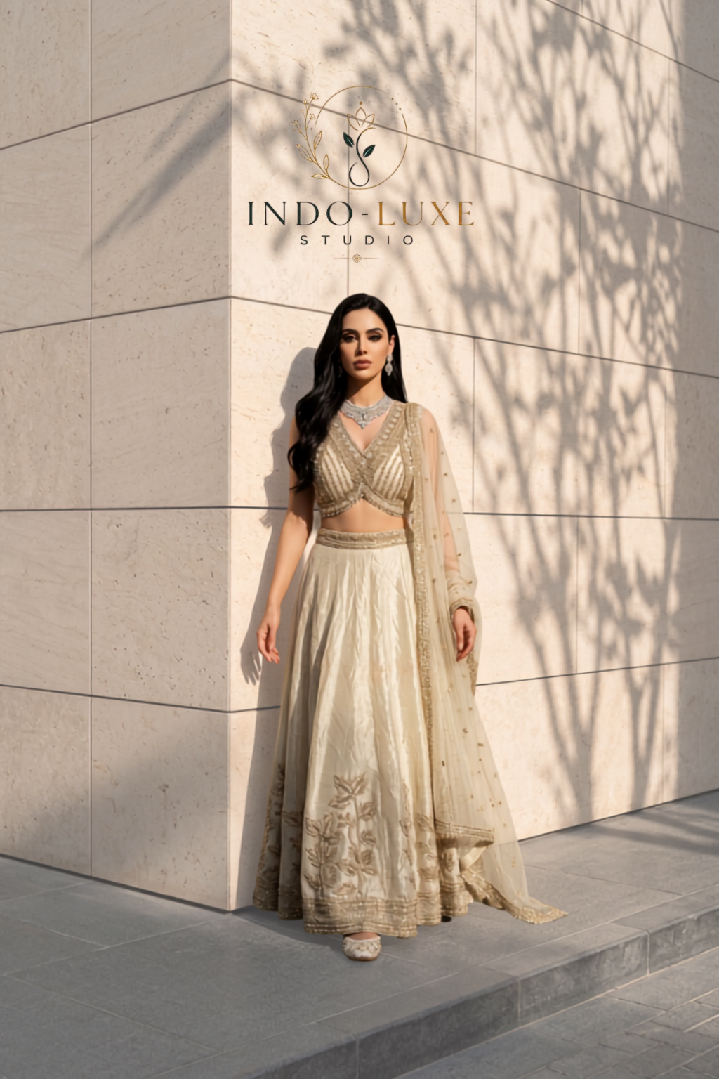 Ivory Champagne Lehenga with Gold Floral Embroidery