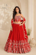 Crimson Red Bridal Lehenga with Gold Zari Embroidery