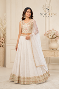White Gold Border Floral Embroidered Lehenga Set