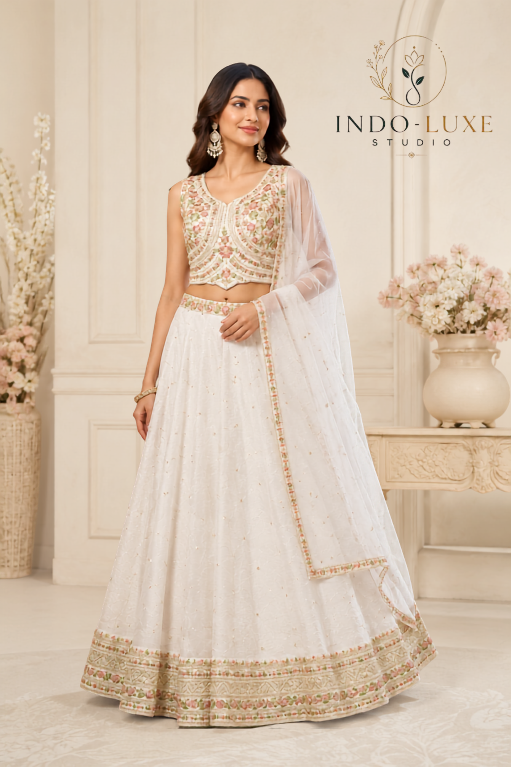 White Gold Border Floral Embroidered Lehenga Set