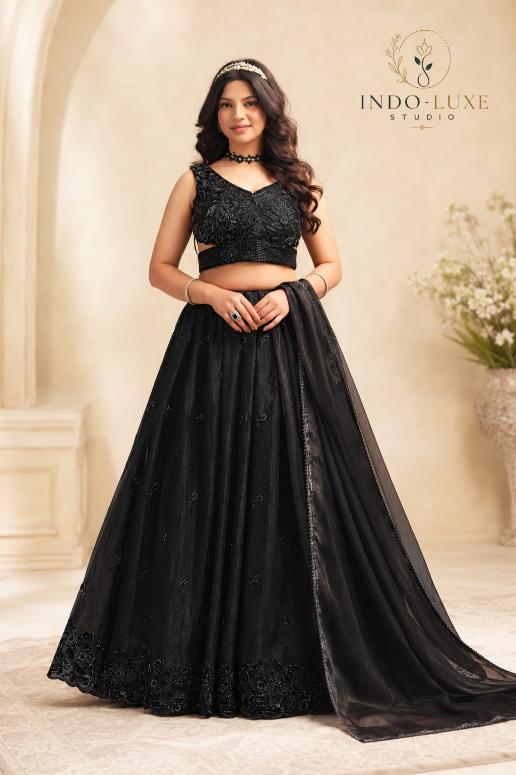 Onyx Black Ball Gown Lehenga with Tonal Floral Embroidery