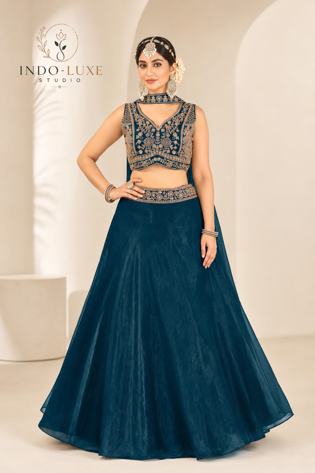 Peacock Blue Cutout Embellished Lehenga Set