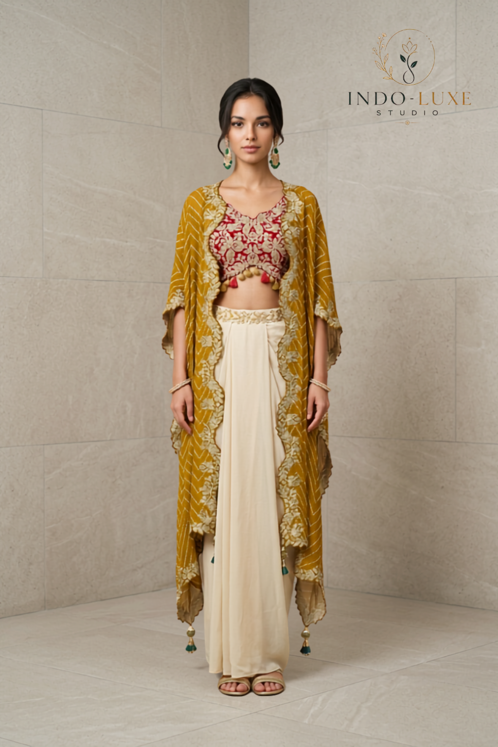 Ivory Leheriya Cape Drape Lehenga with Crimson Embroidered Choli