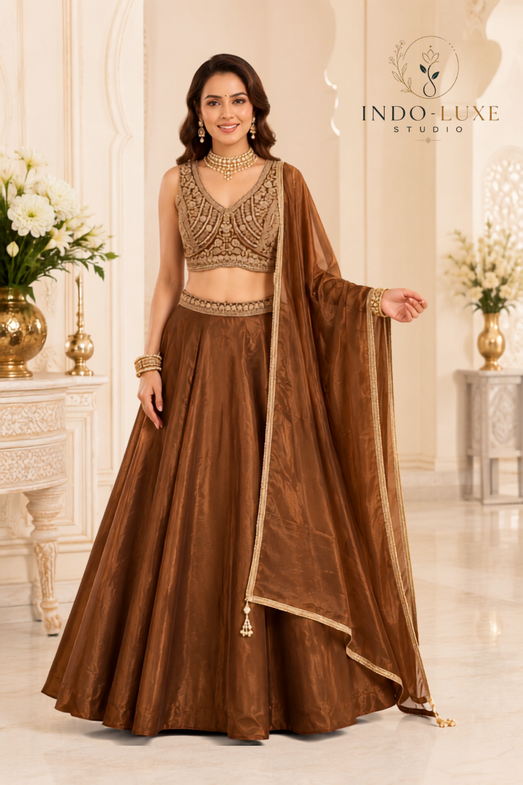 Bronze Brown Gold Embellished Lehenga Set