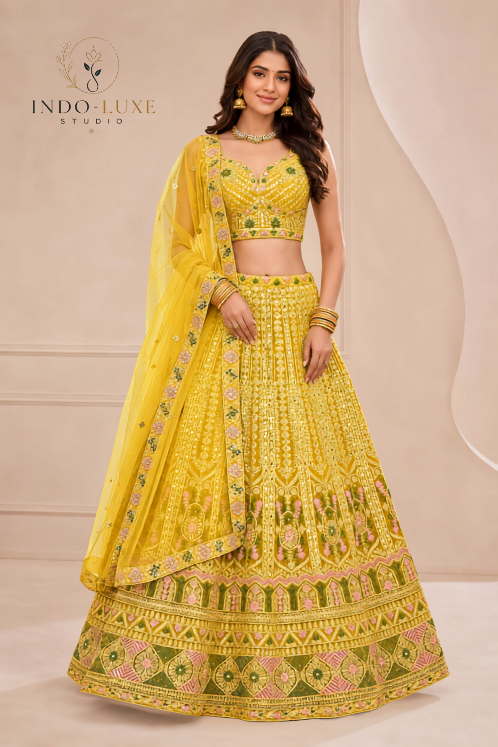 Sunshine Yellow Lehenga with Sequin Mirror Work and Olive Green Border