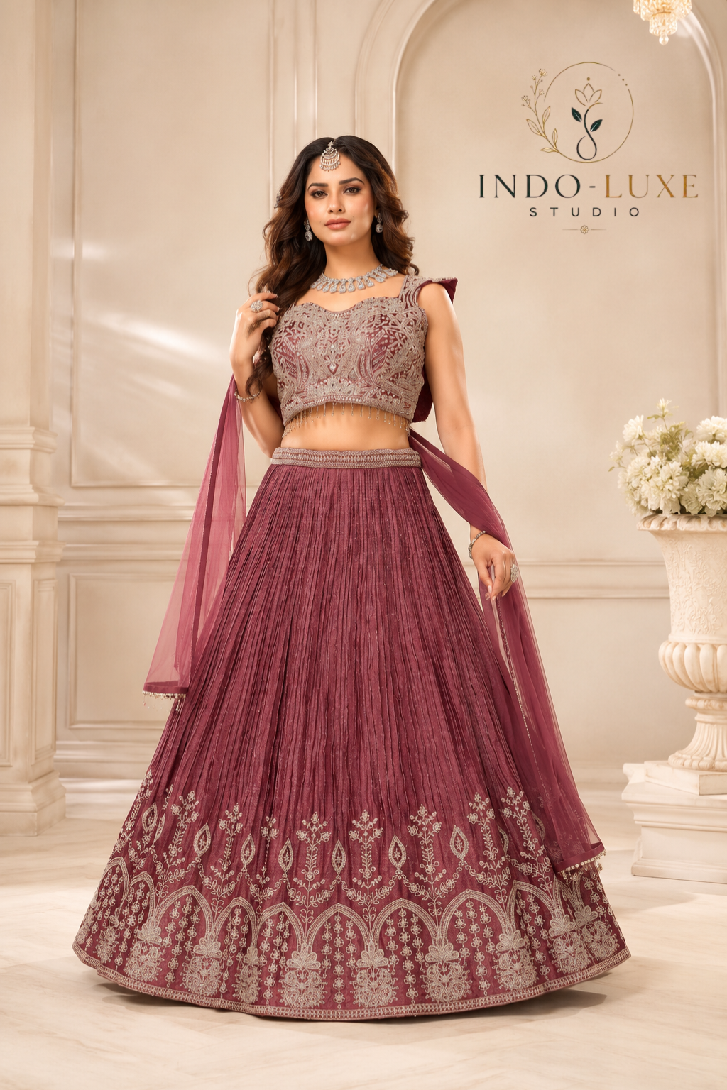 Dusty Rose Embroidered Hem Lehenga Set
