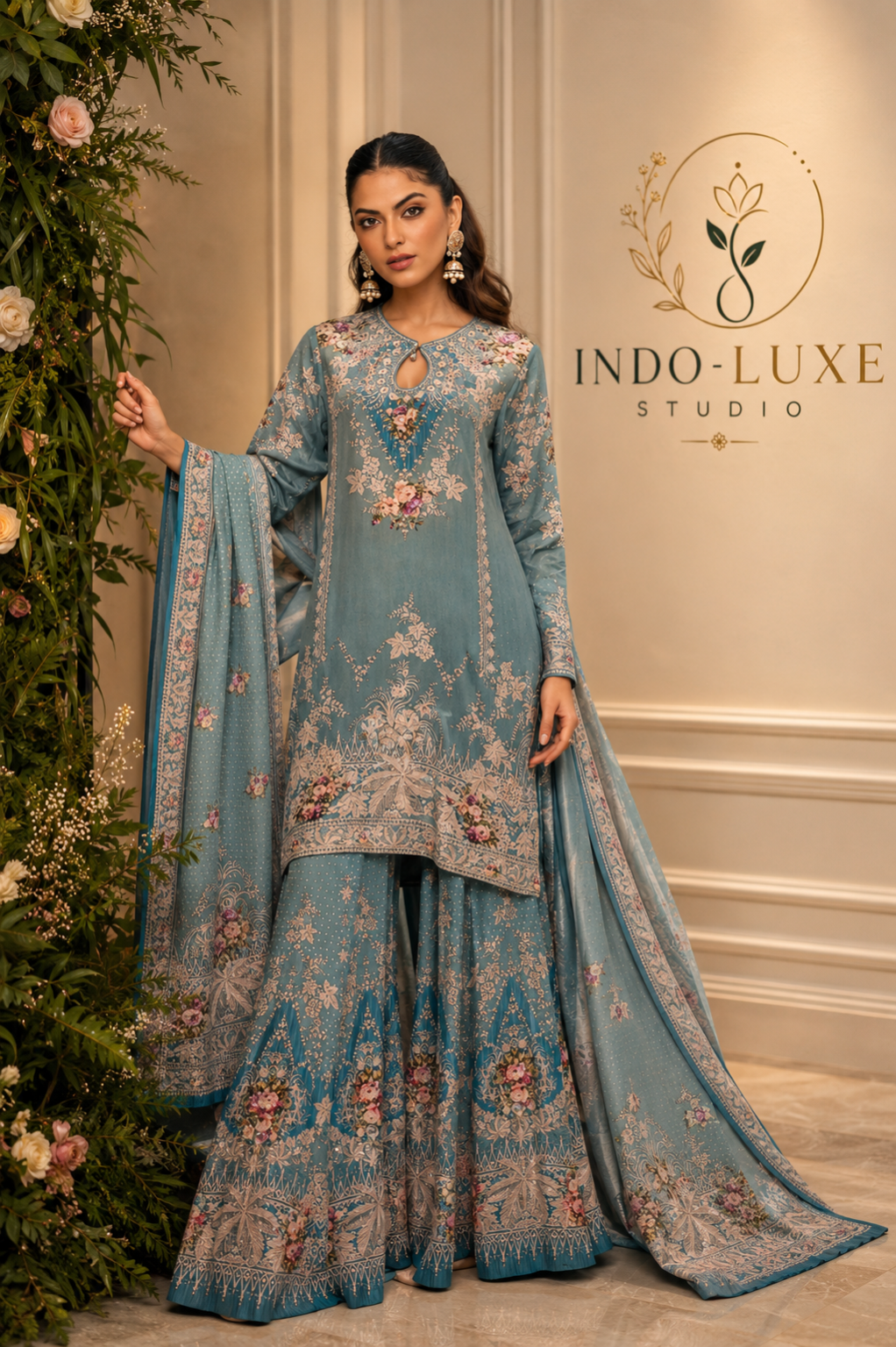 Dusty Blue Floral Embroidered Sharara Set