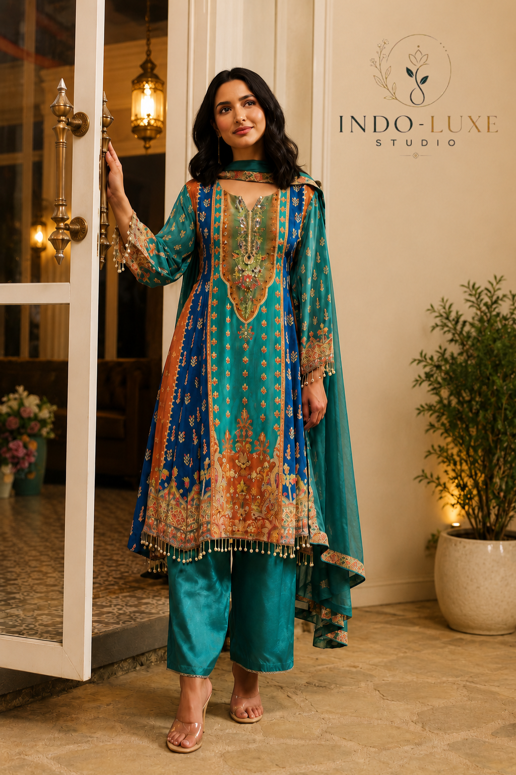 Teal Blue Printed Three Piece Set