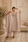 Beige Embroidered Salwar Kameez with Gold Zari Yoke and Dupatta
