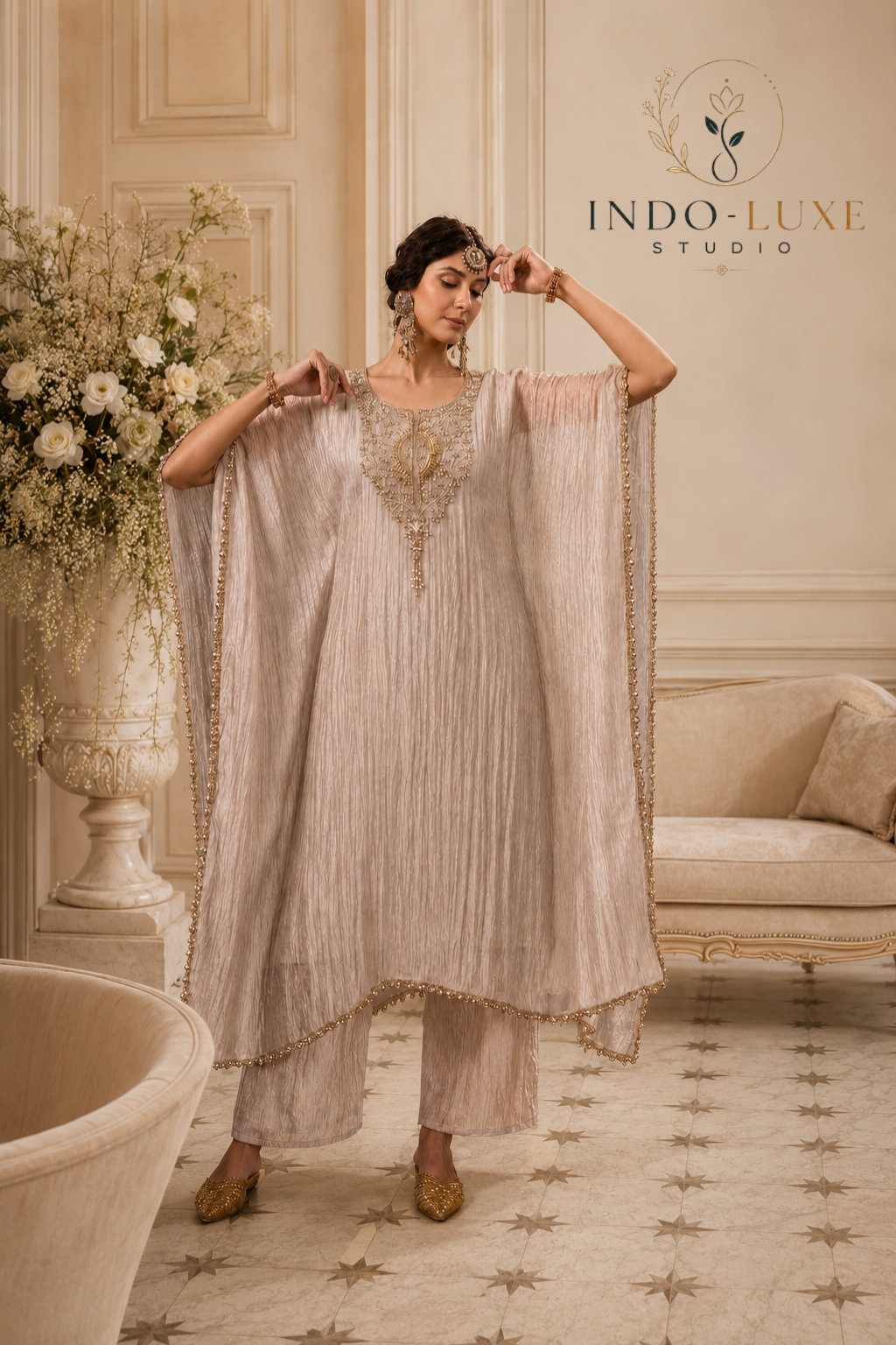 Beige Embroidered Salwar Kameez with Gold Zari Yoke and Dupatta