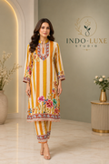 Mustard Yellow Stripe Floral Print Cord Set with Embroidered Yoke