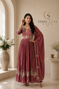 Mauve Rose Anarkali Gown with Sequin Floral Embroidery & Dupatta
