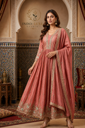 Dusty Rose Pleated Anarkali Gown with Zari Embroidery & Dupatta