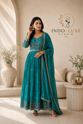 Teal Anarkali Gown with Floral Embroidery & Matching Dupatta