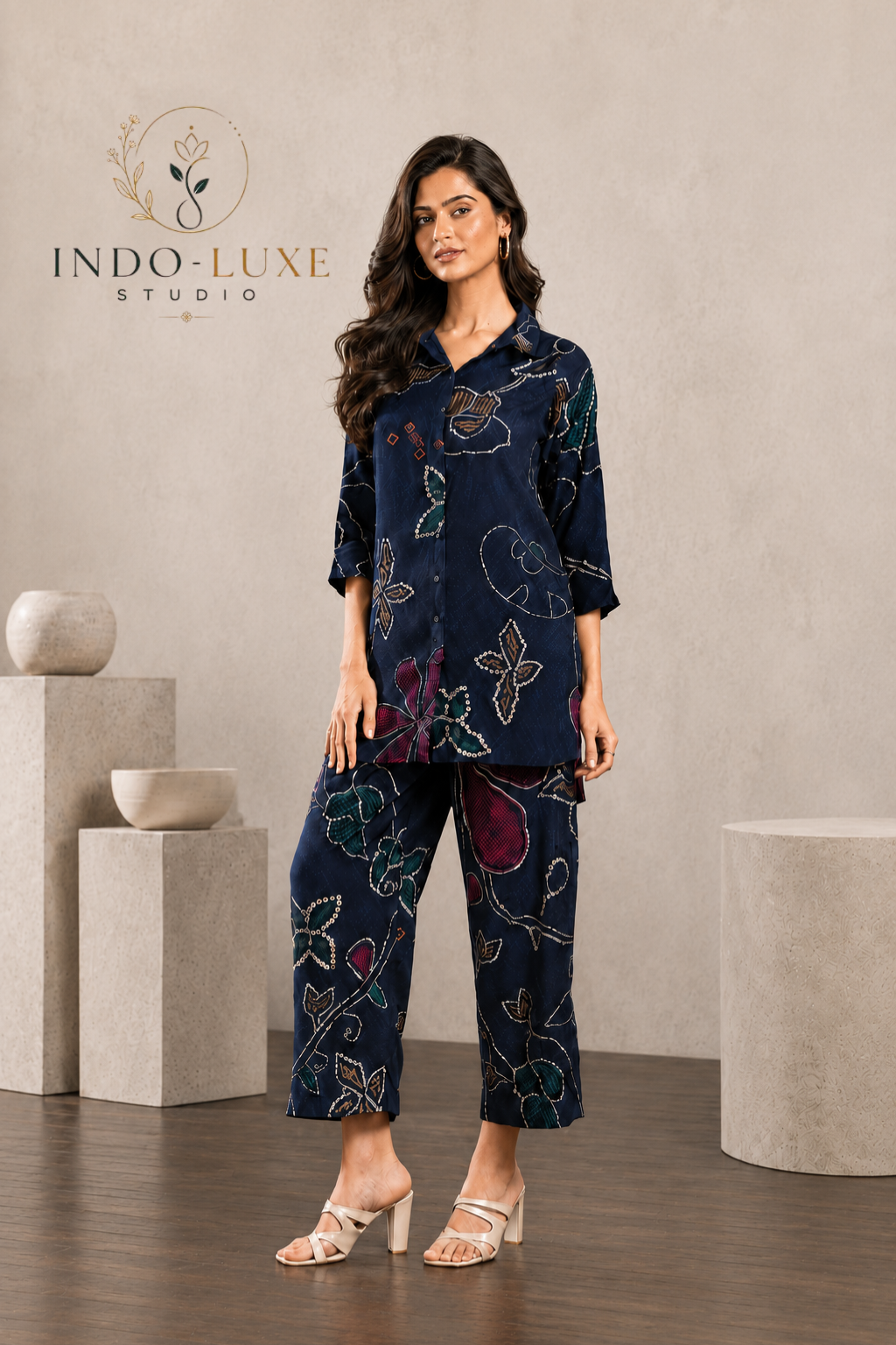 Midnight Navy Kantha Print Cord Set with Matching Pants