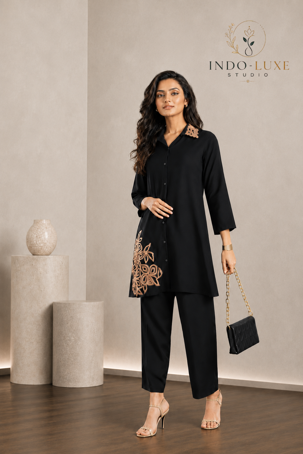 Black Cord Set with Gold Floral Embroidery