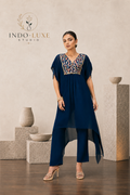 Navy Blue Multicolor Floral Yoke Kaftan Set with Straight Pants