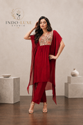 Crimson Red Floral Yoke Kaftan Set with Straight Pants