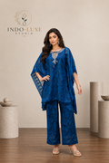 Teal Printed Organza Kaftan Set with Keyhole Neck and Palazzo Pants