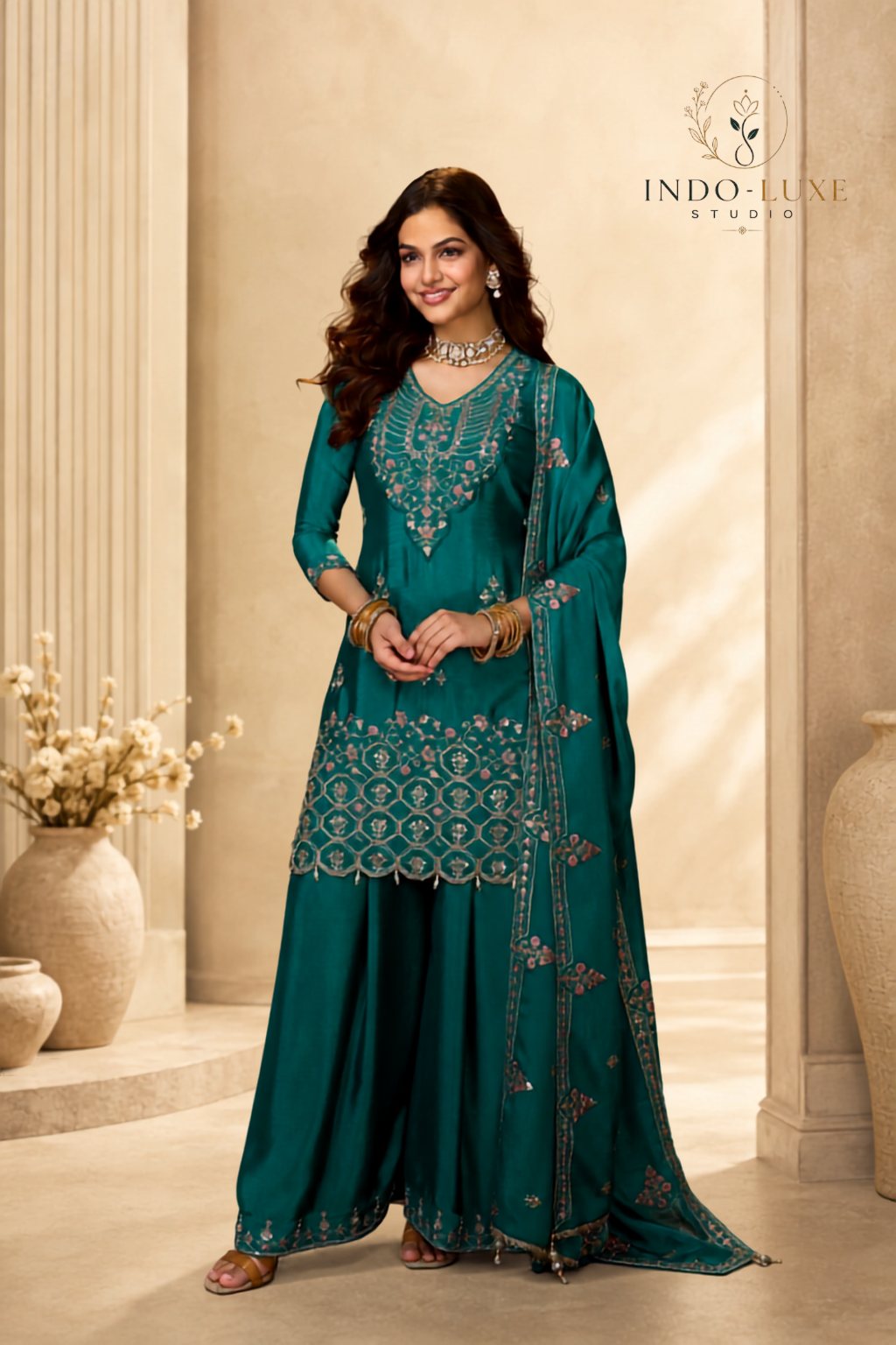 Teal Green Embroidered Three Piece Set