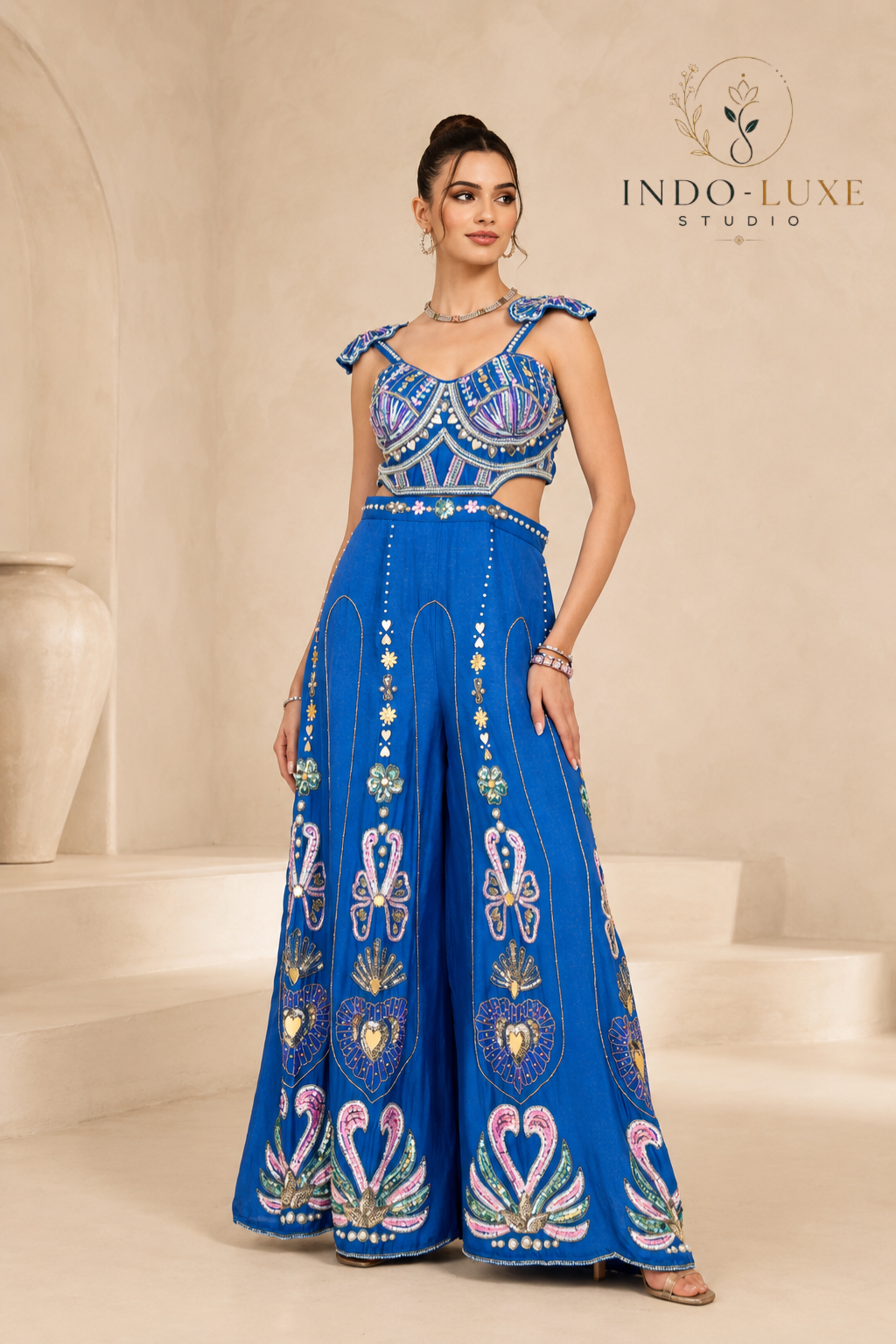 Royal Blue Embroidered Cutout Jumpsuit with Multicolor Sequin Motifs