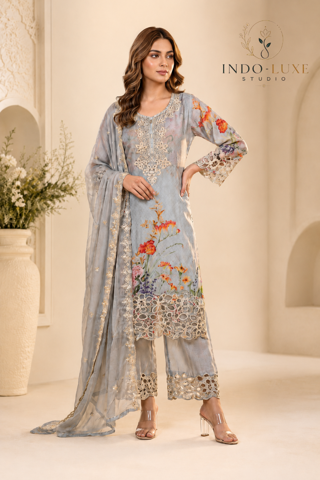 Grey Floral Embroidered Three Piece Set
