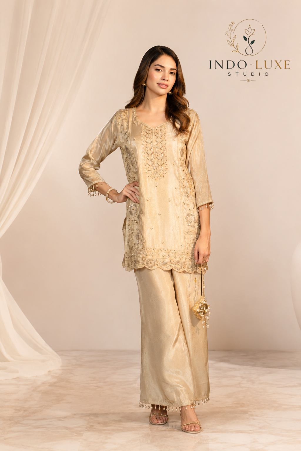 Champagne Gold Tissue Kurta Set with Straight Skirt and Potli Bag