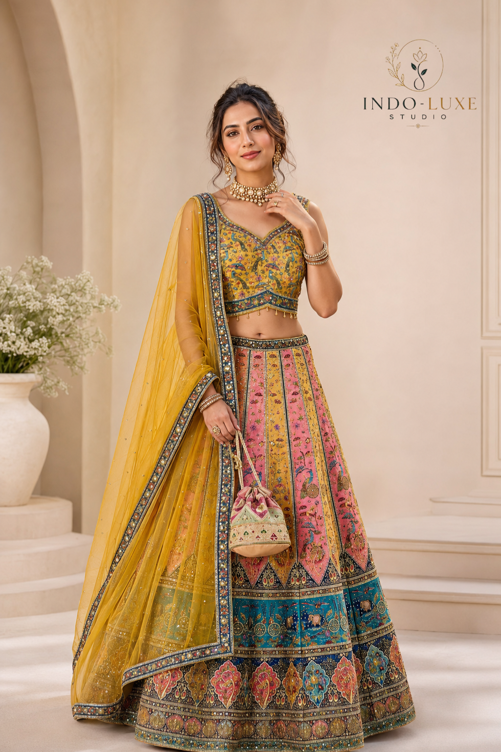 Mughal Garden Lehenga with Multicolor Narrative Embroidery and Mustard Dupatta