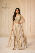 Champagne Satin Ruffle Lehenga with Cape Choli and 3D Floral Embroidery