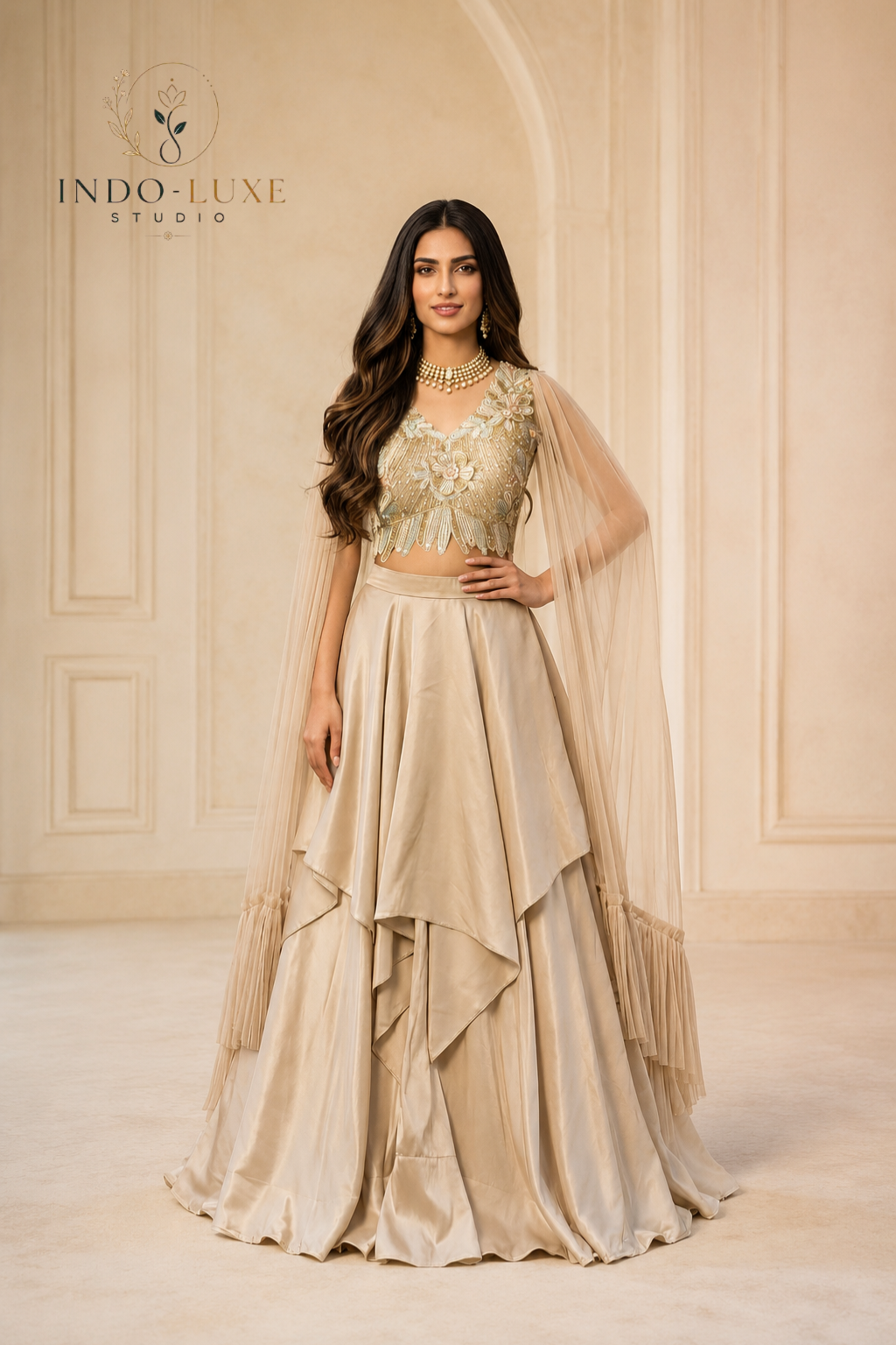 Champagne Satin Ruffle Lehenga with Cape Choli and 3D Floral Embroidery