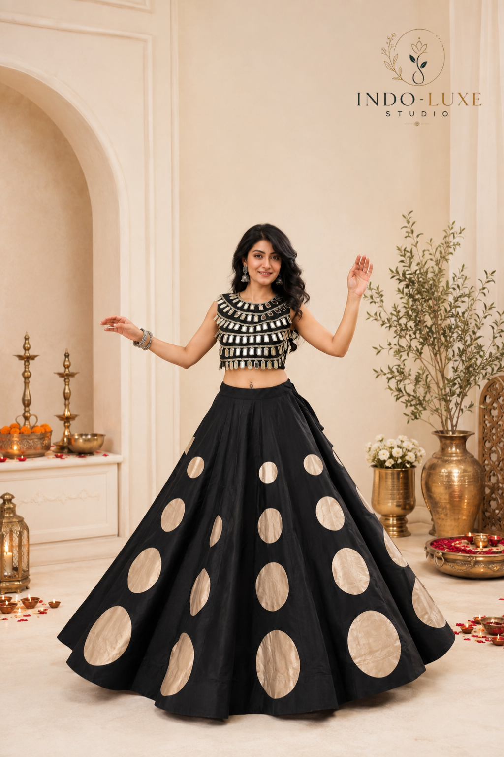 Roman Silk Round Gota Work Lehenga Set with Mirror Work Lace-Up Blouse