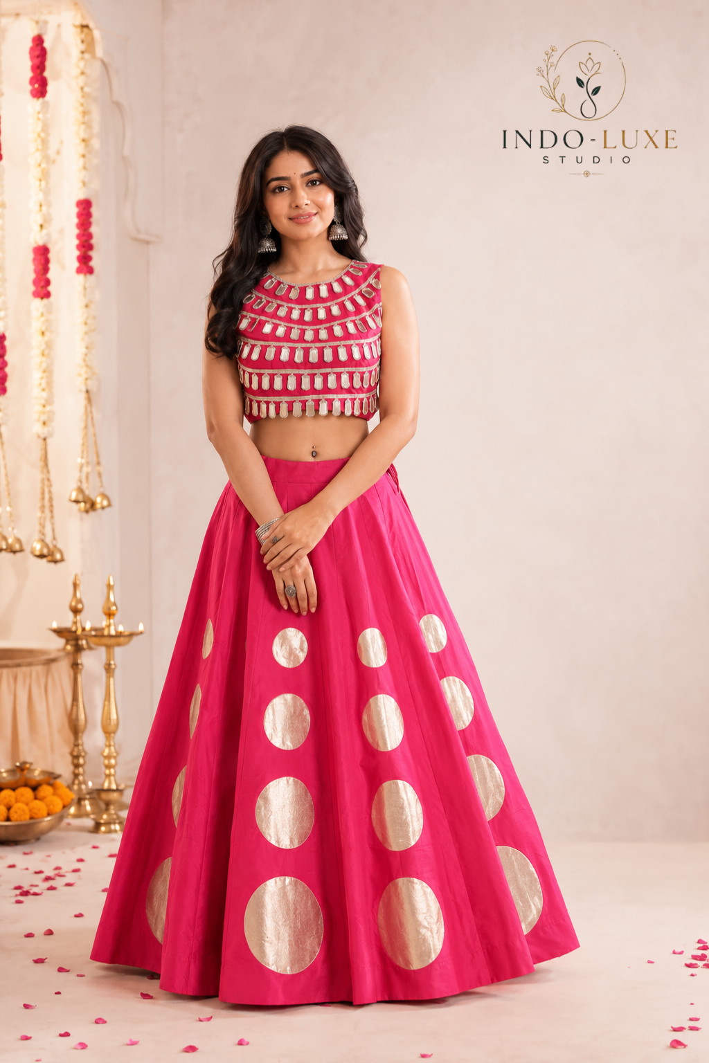 Roman Silk Round Gota Work Lehenga Set with Mirror Work Lace-Up Blouse