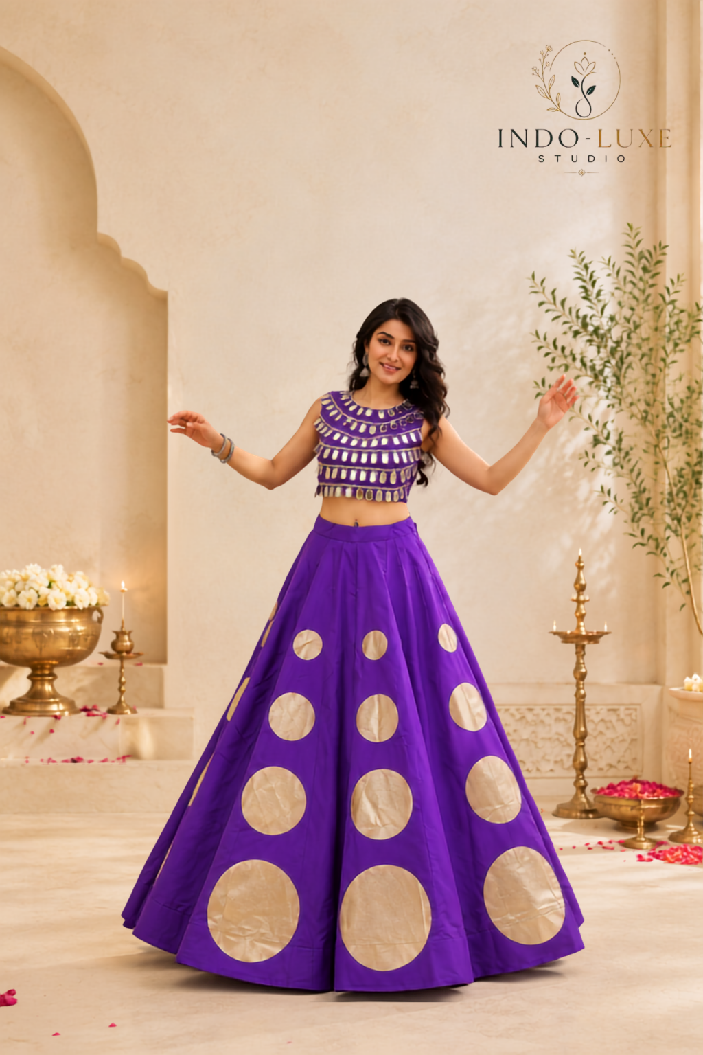 Roman Silk Round Gota Work Lehenga Set with Mirror Work Lace-Up Blouse