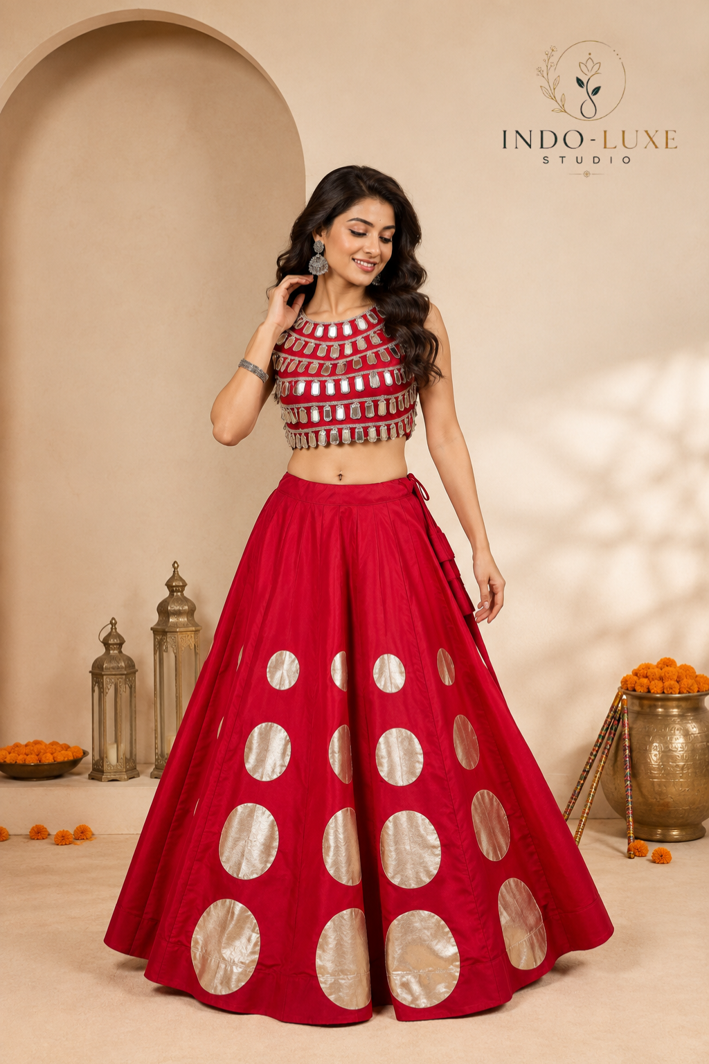 Roman Silk Round Gota Work Lehenga Set with Mirror Work Lace-Up Blouse