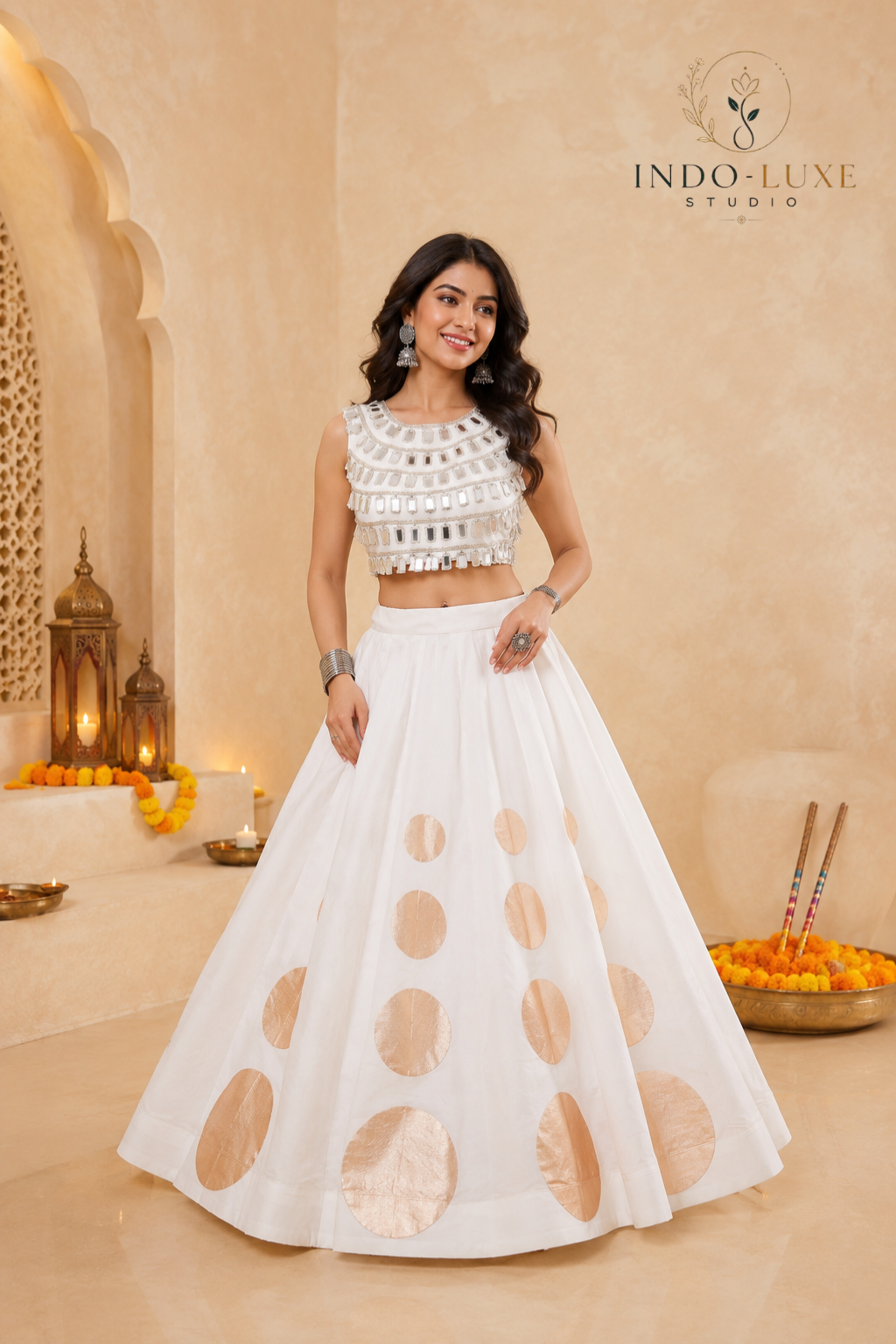 Roman Silk Round Gota Work Lehenga Set with Mirror Work Lace-Up Blouse