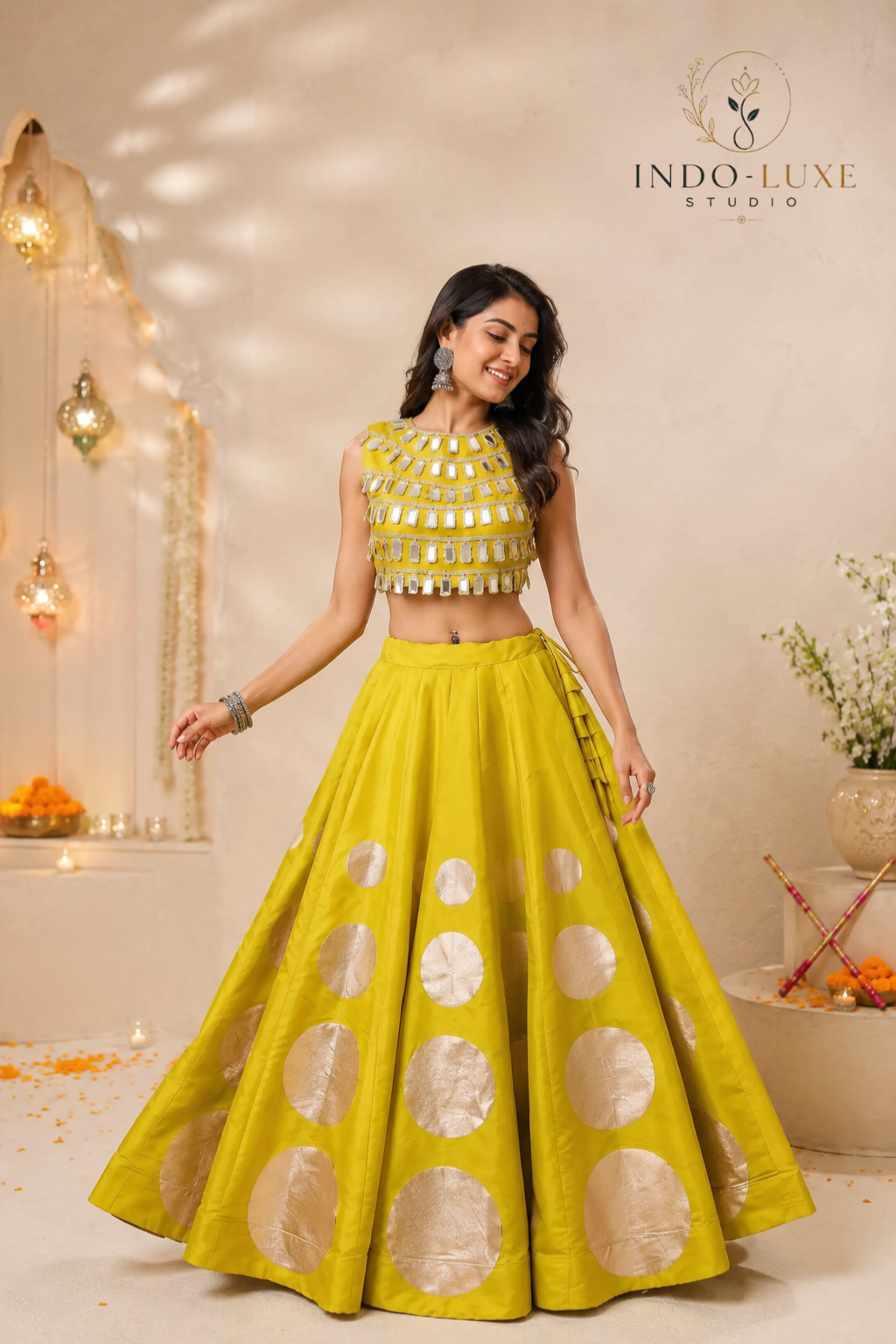 Roman Silk Round Gota Work Lehenga Set with Mirror Work Lace-Up Blouse