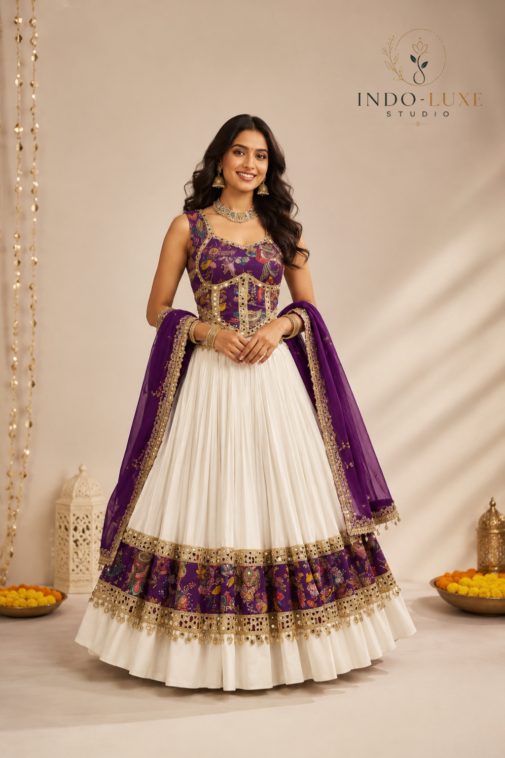 Roman Silk Cotton Lehenga Set with Printed Border & Corset Blouse
